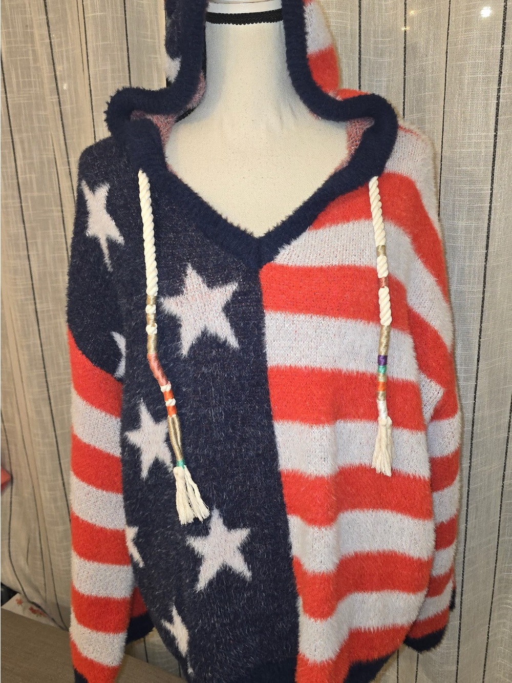 POL American Flag V-Neck Hooded Sweater - Red, White, Blue